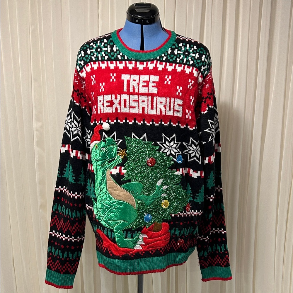 Tree Rexosaurus Holiday Sweater - Red, Green, Black